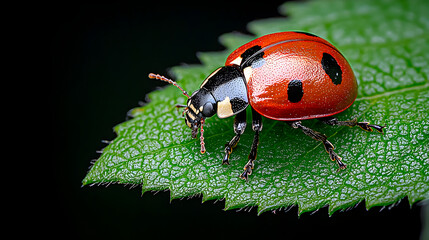 Ladybug crawling on leaf natural garden setting macro photography nature close-up view insect life