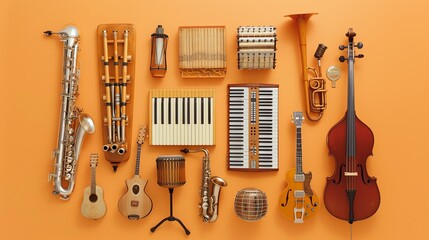 An arrangement of various musical instruments laid out on a vibrant orange background.