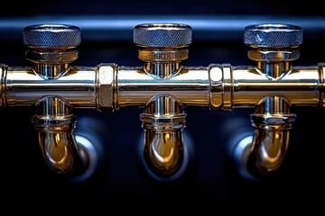 Obraz premium Polished Brass Plumbing Valves Triple Manifold Home Improvement