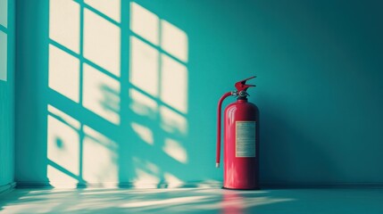A red fire extinguisher stands against a turquoise wall, casting shadows from a window.