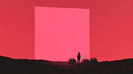 Naklejka premium A whimsical illustration of a retro drive-in theater with classic cars parked in front of a large screen under a starry sky.