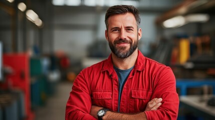 Obraz premium Confident young man with a beard smiling in industrial warehouse setting, showcasing dedication and professionalism in work environment