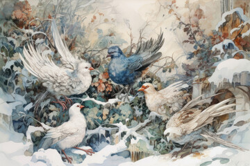 Fototapeta premium winter scene with several birds sitting among snow-covered branches and bushes. 