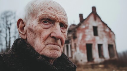 Elderly man looking at old photographs, smiling with tears of nostalgia.
