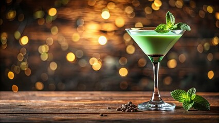 A refreshing green cocktail in a martini glass, garnished with mint, sits on a wooden surface with coffee beans, illuminated by a warm bokeh background.