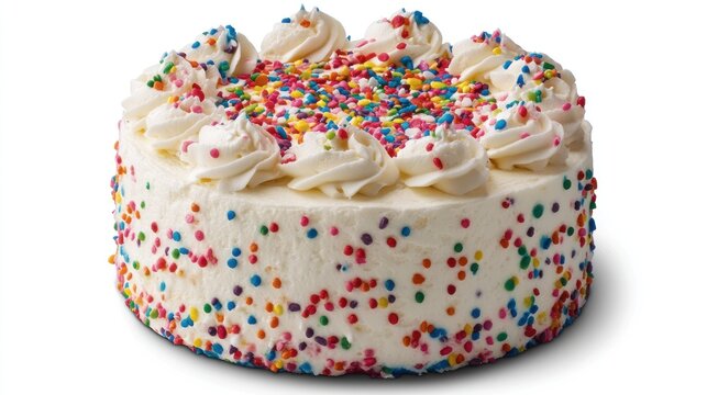 A fluffy funfetti cake with vibrant rainbow sprinkles and whipped cream 