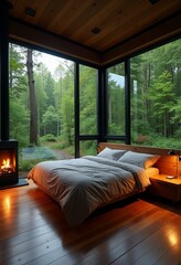 Fototapeta premium Serene Modern Bedroom with Floor-to-Ceiling Windows Overlooking a Lush Forest and Cozy Fireplace 