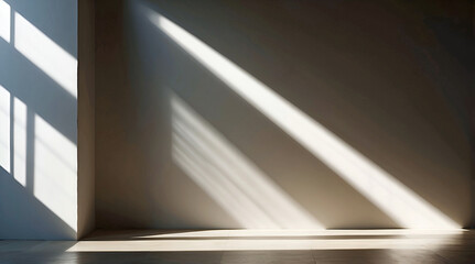 Fototapeta premium Clean Minimalist Interior With Sunlight Beaming Through Window Creating Sharp Geometric Shadows On Neutral Walls And Polished Floor
