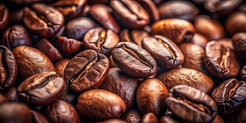 Obraz premium Close-up view of roasted coffee beans, rich brown tones and textures, showcasing the detail of each bean