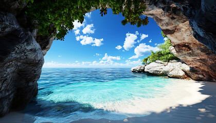 Tropical island photos for brochures. serene hidden tropical cove with clear turquoise water, soft sandy beach, and lush greenery under bright blue sky filled with fluffy clouds