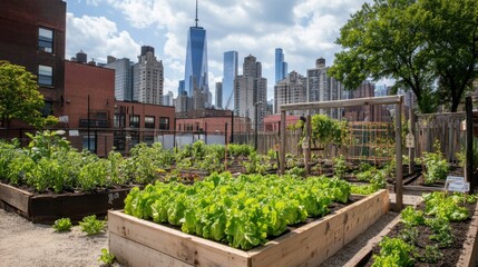 Fototapeta premium Urban Community Garden with Fresh Vegetables and City Skyline