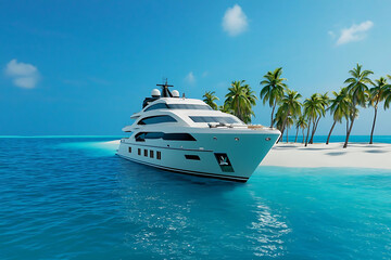 Obraz premium Tropical island photos for brochures. Luxurious yacht anchored near tropical beach with palm trees, showcasing serene ocean view. Perfect for relaxation and adventure seekers