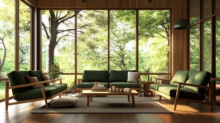 Fototapeta premium 4.A 3D minimalist living room design showcasing green sofas and natural wooden chairs around a low coffee table. Large windows dominate one wall, allowing for stunning outdoor views, while the wooden