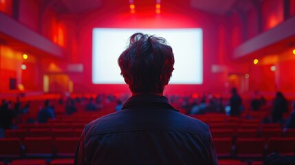 Fototapeta premium A person watching a film in a dimly lit theater with a bright screen ahead.