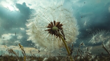 Closeup of a Dandelion Seedhead with Seeds Blowing in the Wind