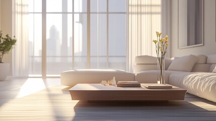 Fototapeta premium 43.A modern living room interior featuring comfortable seating, a coffee table, and sleek, minimalist The design includes soft lighting and large windows, which allow natural light to brighten