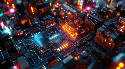 Obraz premium A close-up view of a vibrant, illuminated circuit board showcasing technology and innovation.