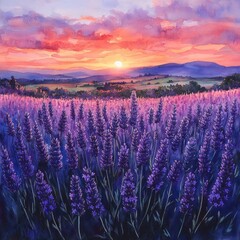 Fototapeta premium A vibrant sunset over a lavender field, showcasing nature's beauty and tranquility.