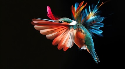 Obraz premium A hummingbird flapping its wings mid-flight, vibrant colors, ultra-detailed feathers, high-speed capture