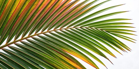 Obraz premium Close-up of tropical palm leaf with veined structure and vibrant colors, nature close-up, leaf patterns, plant leaves