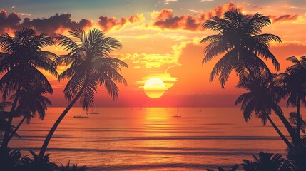 A vibrant sunset over the ocean with palm trees in the foreground.