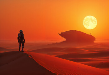 Silhouetted Man Standing Alone in Desert Landscape During Golden Hour Sunset