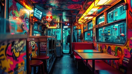 Obraz premium A vibrant interior of a themed bus-restaurant with colorful decor and seating.