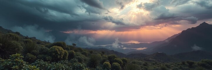 Fototapeta premium Majestic outer planet landscape with swirling storm clouds, towering mountains, alien vegetation, and glowing lakes, sci-fi, lakes