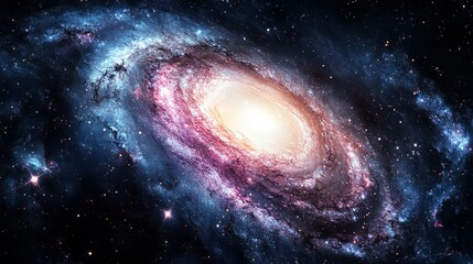 Obraz premium A panoramic view of a spiral galaxy with swirling arms and bright star clusters, against a backdrop of interstellar dust, Galactic style