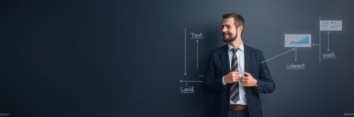Man in suit drawing flowcharts and diagrams on chalkboard, planning, communication
