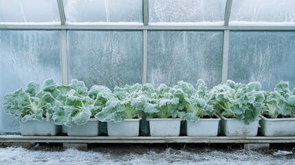 Frosty Cabbage Plants Growing Inside Greenhouse During Winter Season