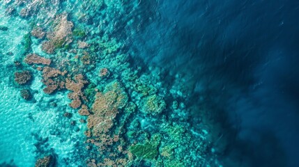 Obraz premium Crystal-clear blue ocean with coral reefs and marine life visible from above, emphasizing the richness of Earth's underwater ecosystems