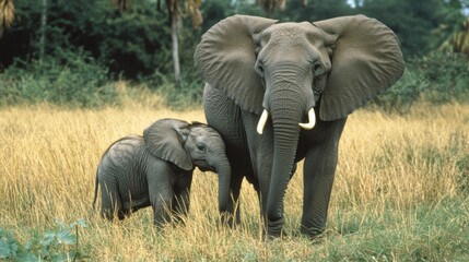 Fototapeta premium Majestic Elephants in Natural Habitat with Young Calf Nearby