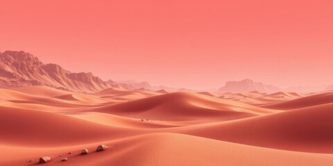 Mars landscape with rocky terrain, sand dunes, and distant mountains under a pink sky, red, planet