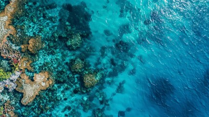 Fototapeta premium Crystal-clear blue ocean with coral reefs and marine life visible from above, emphasizing the richness of Earth's underwater ecosystems