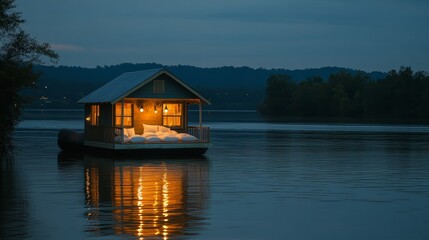 Obraz premium Serene floating pillow house at dusk tranquil lake cozy retreat calm waters aesthetic escape for relaxation