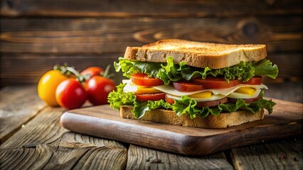 A Delicious Multi-Layered Sandwich with Toasted Bread, Fresh Vegetables, and Cheese on a Rustic Wooden Board