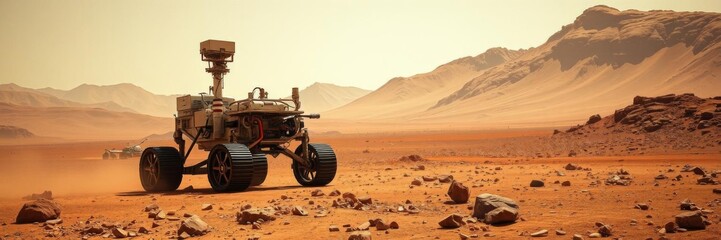 Mars rover exploring rocky Martian surface with mountains and dust storm in background, vehicle, rocky