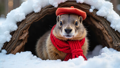 Groundhog in red scarf and hat emerging from burrow