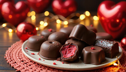 Heart-shaped chocolates with red filling and festive decor