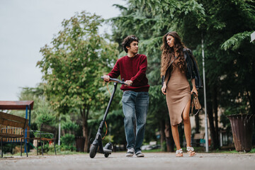 Obraz premium A young couple enjoys a casual stroll together with a scooter in a serene urban park, surrounded by lush green trees and a relaxed atmosphere.