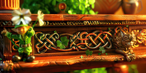 Fototapeta premium Mystical Celtic Desk: A whimsical desk decorated with Celtic knots, four-leaf clovers, and a statuette of a leprechaun, evoking the enchanting spirit of Ireland