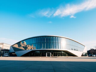 Fototapeta premium Modern glass architecture at the central station of The Hague featuring sleek lines, reflective surfaces, and geometric shapes against a clear blue sky, shapes, clear