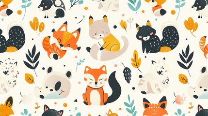 A whimsical seamless pattern featuring cute woodland animals like foxes, bears, and squirrels against a light background.