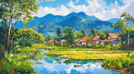 Fototapeta premium oil painting of green rice fields with thatched huts and mountain background