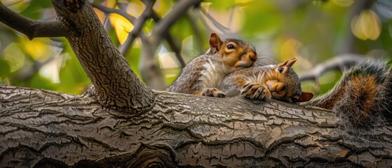 Fototapeta premium Squirrel chilling in a tree branch at Central Park, New York. Close up.