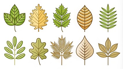 Fototapeta premium Collection of Ten Diverse Leaf Illustrations Featuring Various Shapes and Autumnal Colors