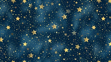 A festive, glittery pattern of gold stars on a dark blue background.