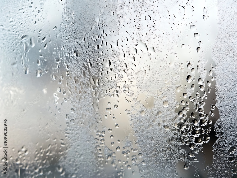 Poster here's a description for your stock photo close-up of condensation droplets on a cold windowpane.