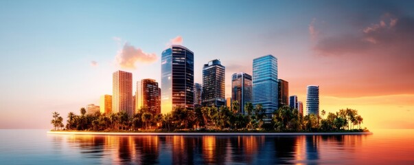 Obraz premium Futuristic Cityscape with Holographic Buildings at Sunset
